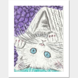 Cute  white kitten blue eyes  art painting Posters and Art